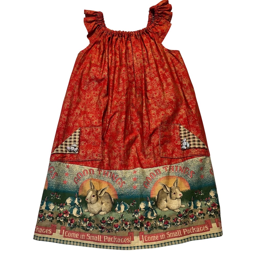 Handmade‎ Bunny Jumper Dress Kids Size 6 Red Cottagecore Easter Aesthetic